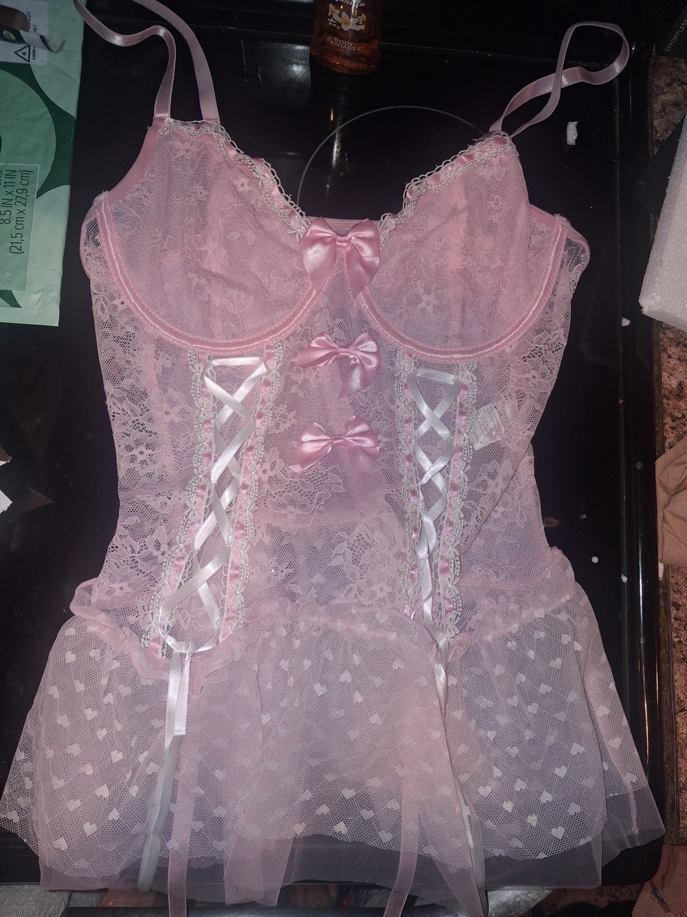 Pink Lace Babydoll Lingerie with Ribbon Accents